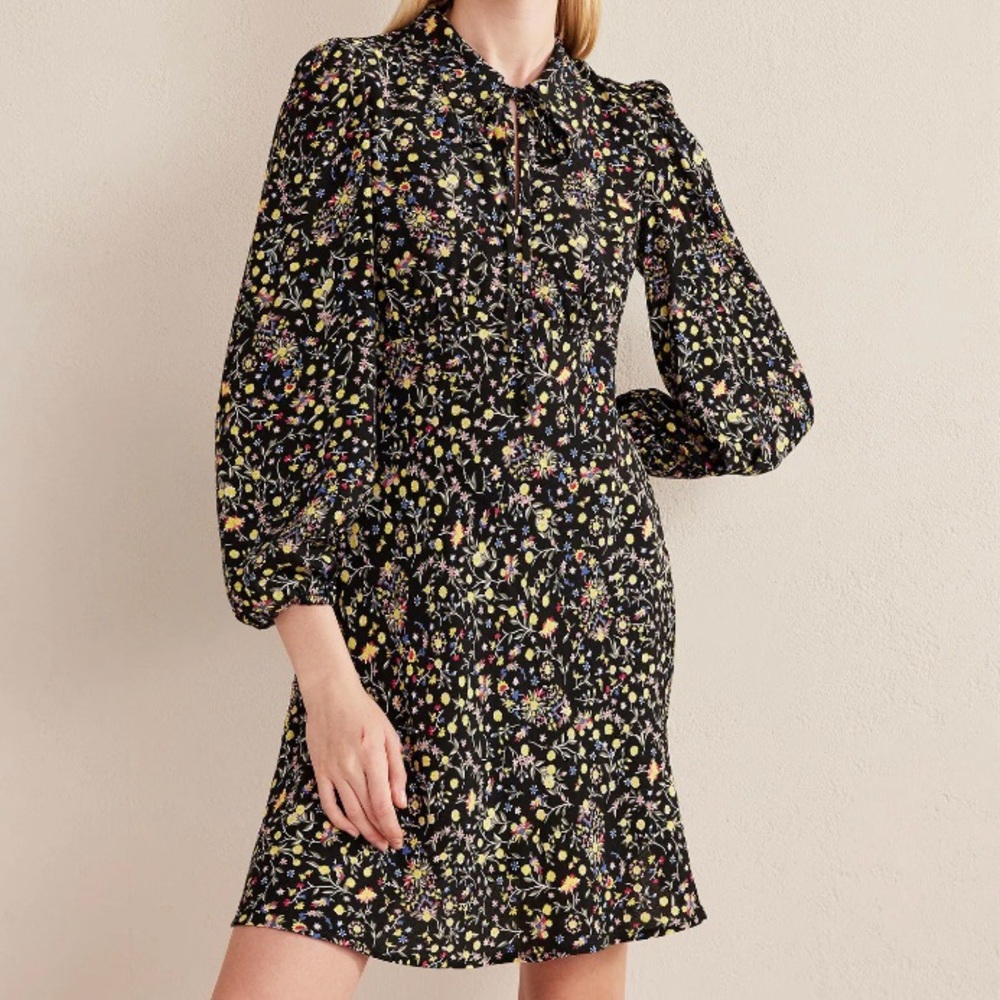 Boden Black Wildflower Paisley Floral Tie Neck Blouson Sleeve Shirt Dress